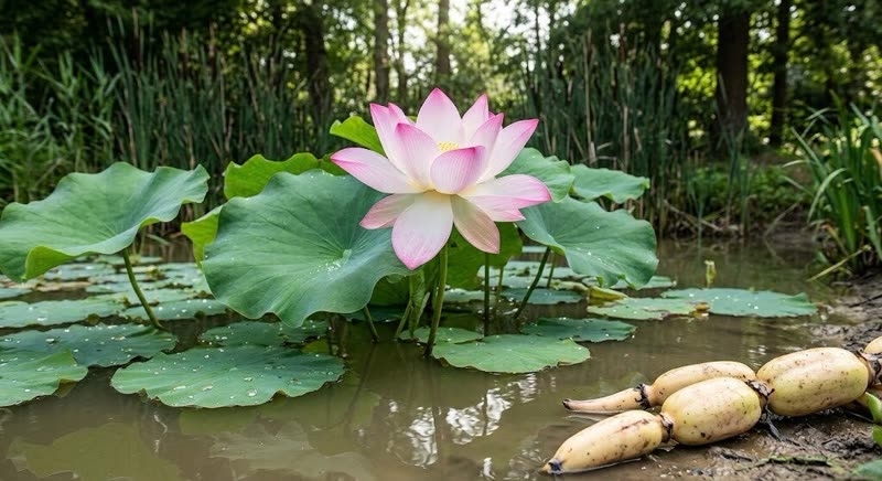 Rosa Blüte des Sibirischen Lotus über großen Blättern im Teich