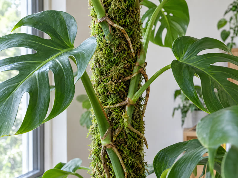 Monstera wächst mit Luftwurzeln an einem Moosstab empor