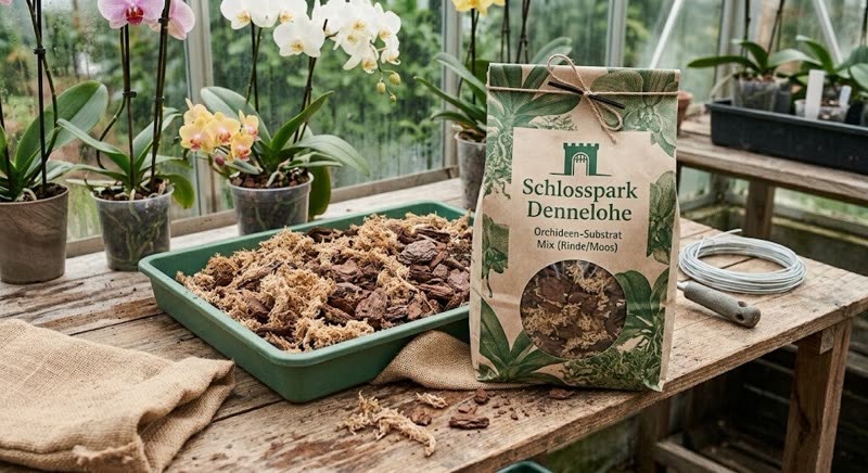 Orchideenerde mit Sphagnum Moos in Schale und Beutel