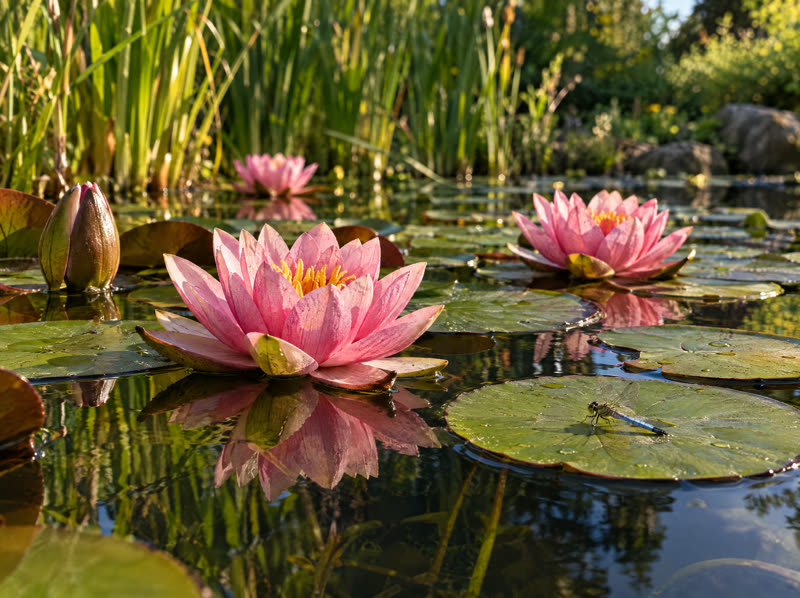 Rosa Seerosen auf einem Gartenteich